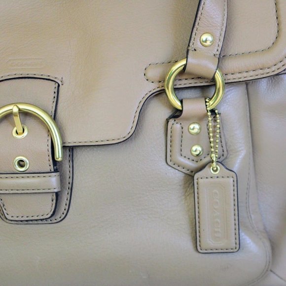 Coach Taupe/Tan/Camel Large Campbell Leather Eva Flap Satchel Purse - Picture 5 of 11